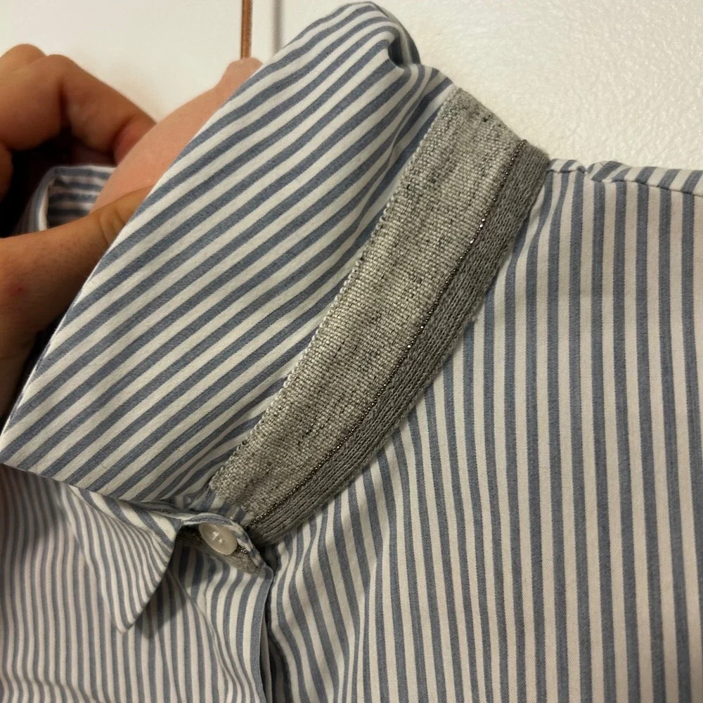 Lafayette 148 New York Blue White Striped Hidden Button Down Shirt Womens M flaw - Picture 9 of 9